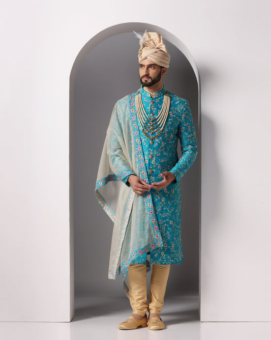 Teal Neel Vistaar all-over Zari thread embroidered sherwani | Bhavya Bhasin Couture
