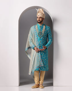 Teal Elegance: All-Over Zari and Thread Embroidery Sherwani Set