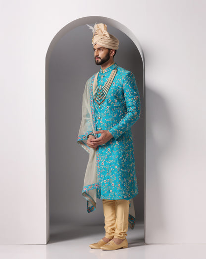 Teal all-over embroidered sherwani front detail | Bhavya Bhasin Couture