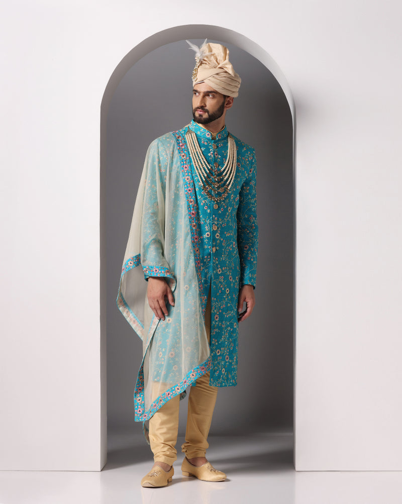 Teal Elegance: All-Over Zari and Thread Embroidery Sherwani Set