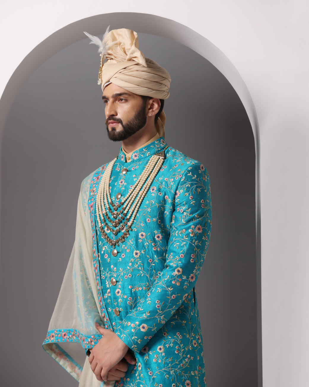Teal "Neel Vistaar" All-Over Embroidered Sherwani Set