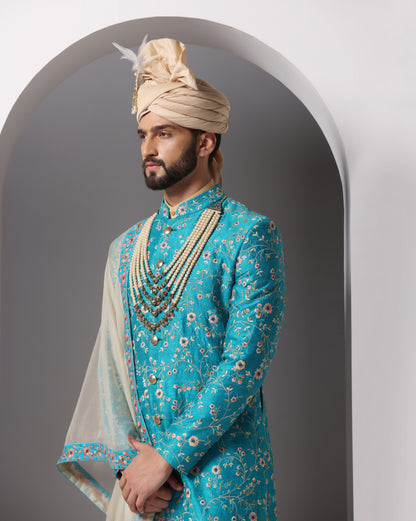 Teal sherwani embroidery three-quarter view | Bhavya Bhasin Couture