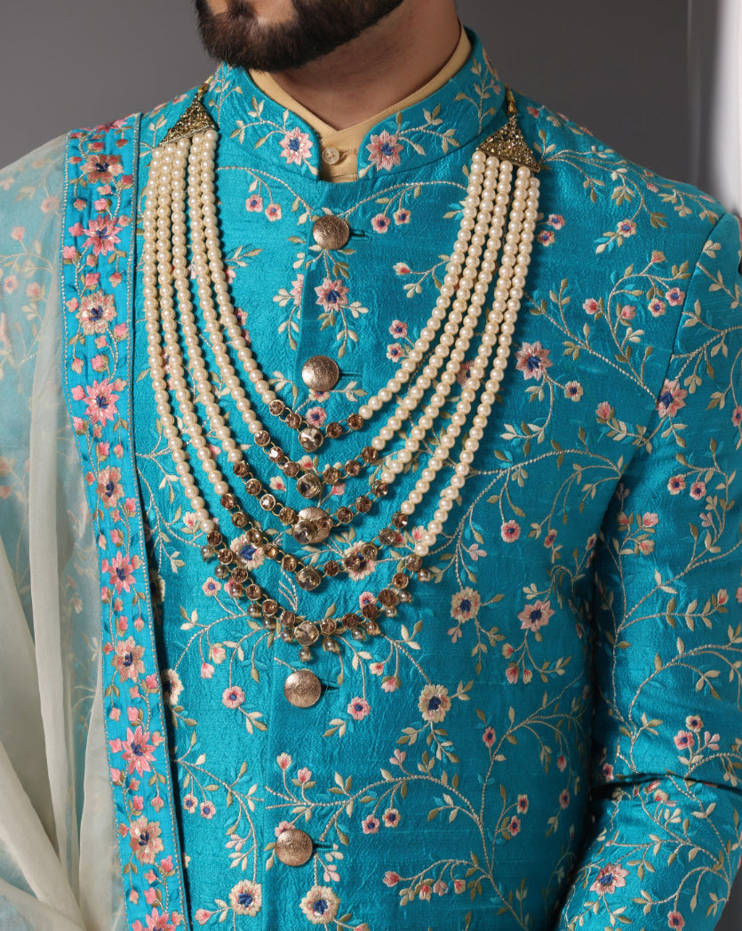 Teal Elegance: All-Over Zari and Thread Embroidery Sherwani Set