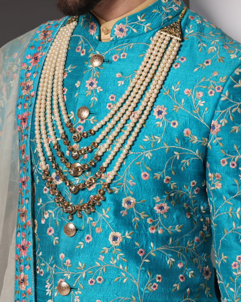 Teal Elegance: All-Over Zari and Thread Embroidery Sherwani Set