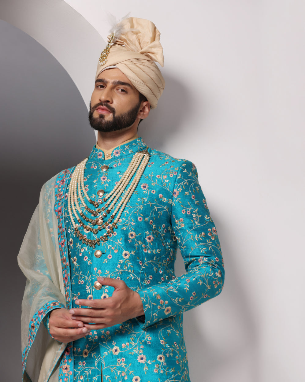 Teal Elegance: All-Over Zari and Thread Embroidery Sherwani Set