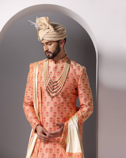 Elegance in Bloom: Dark Peach Thread Embroidery Sherwani