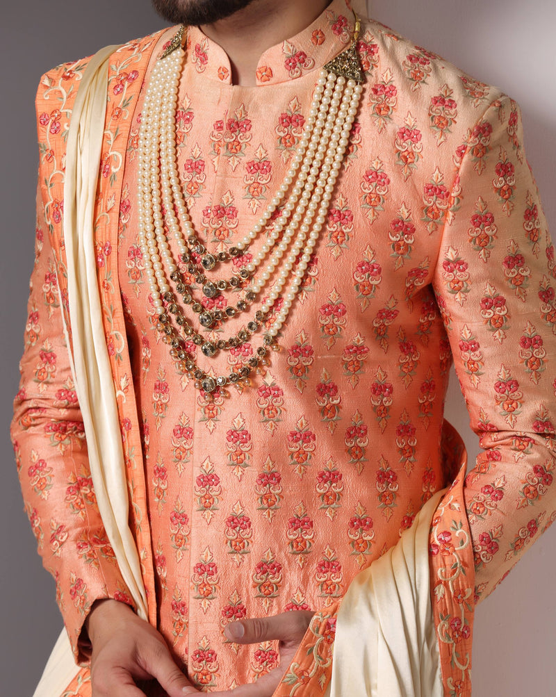 Elegance in Bloom: Dark Peach Thread Embroidery Sherwani