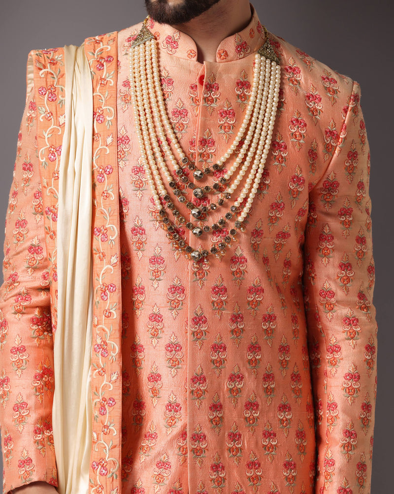 Elegance in Bloom: Dark Peach Thread Embroidery Sherwani