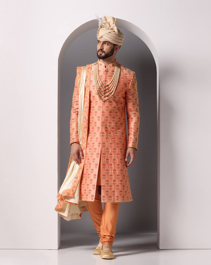 Elegance in Bloom: Dark Peach Thread Embroidery Sherwani