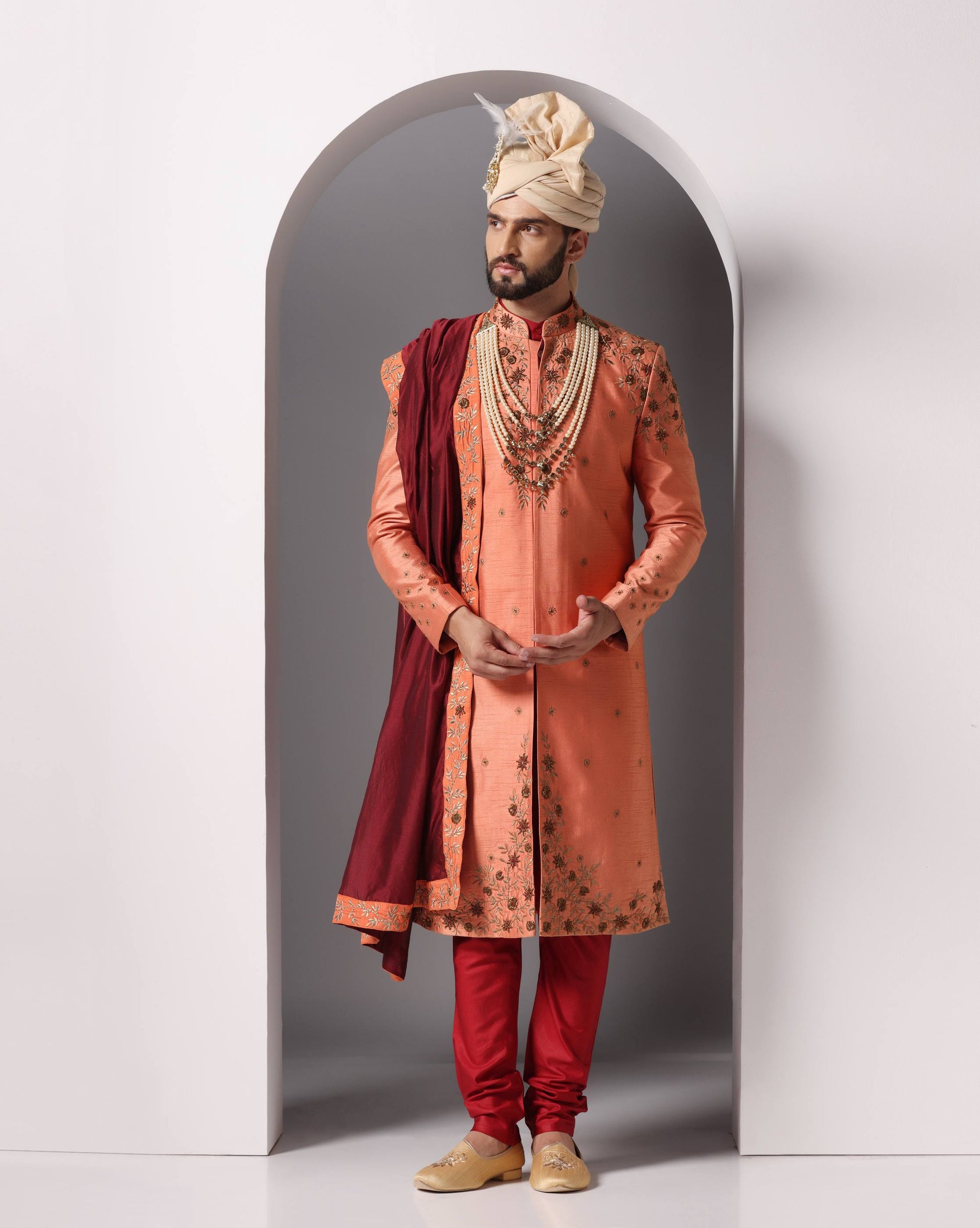 Ivory Shwet Mahima Cutdaana pearl hand embroidered sherwani | Bhavya Bhasin Couture