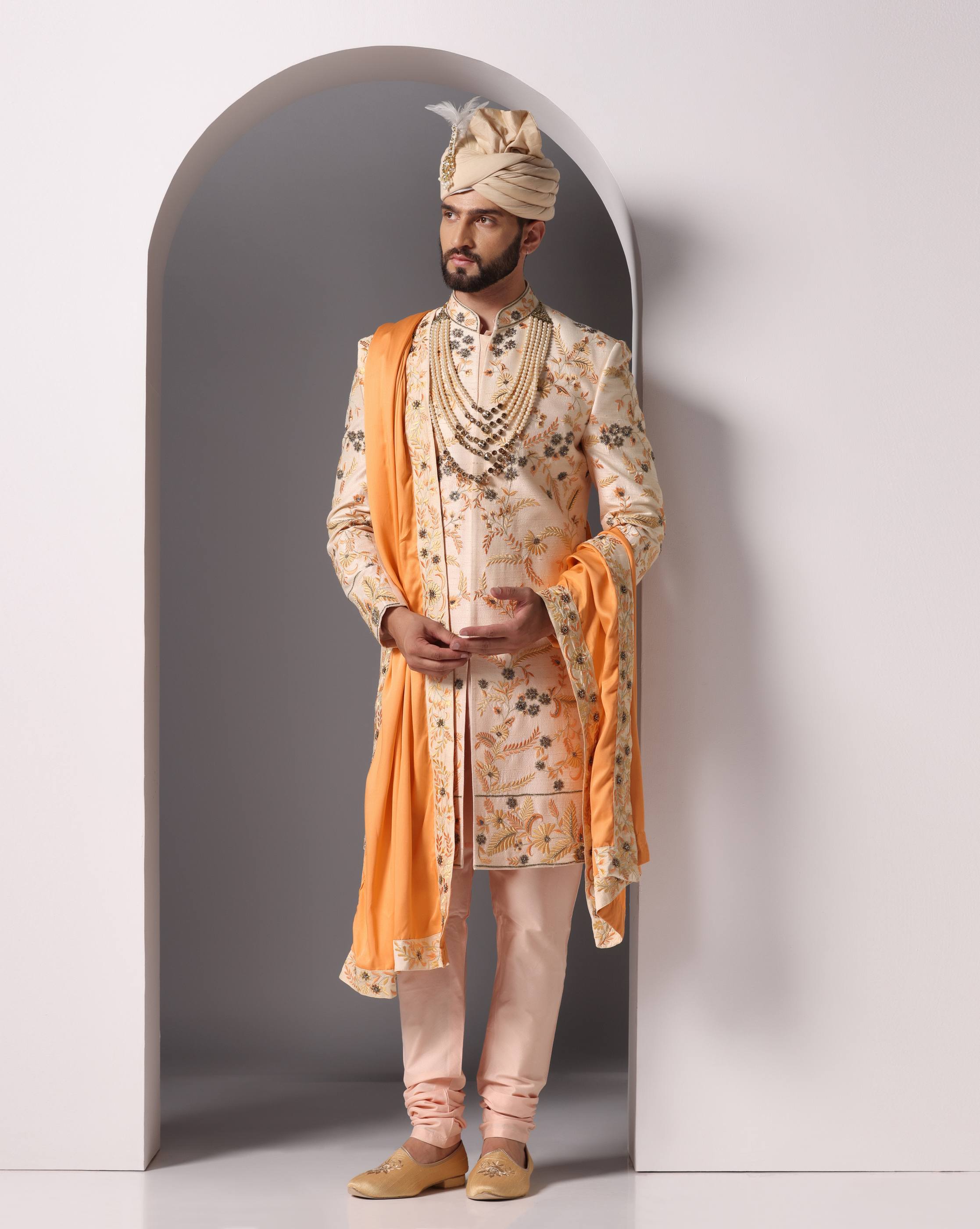 Ethereal Elegance: Peach Thread and Hand-Embroidered Sherwani Set