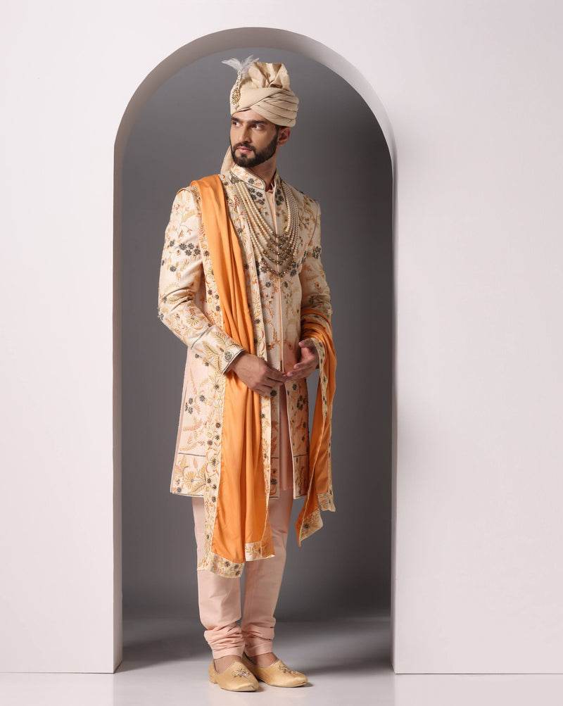 Ethereal Elegance: Peach Thread and Hand-Embroidered Sherwani Set