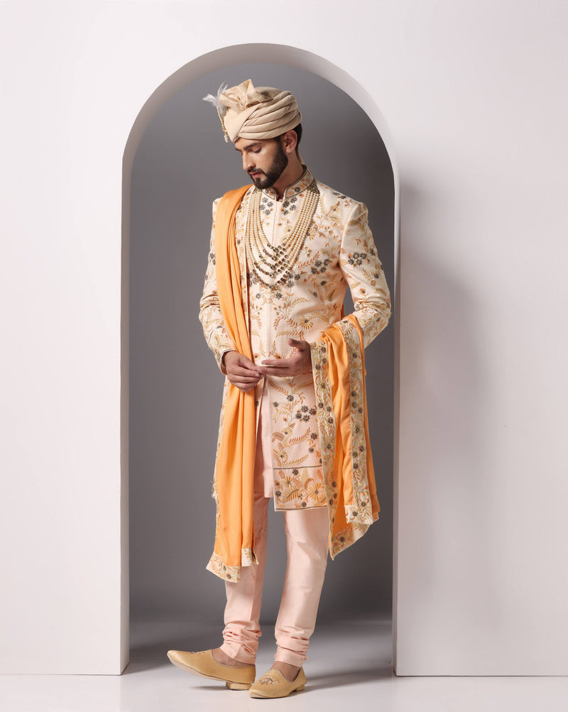 Ethereal Elegance: Peach Thread and Hand-Embroidered Sherwani Set