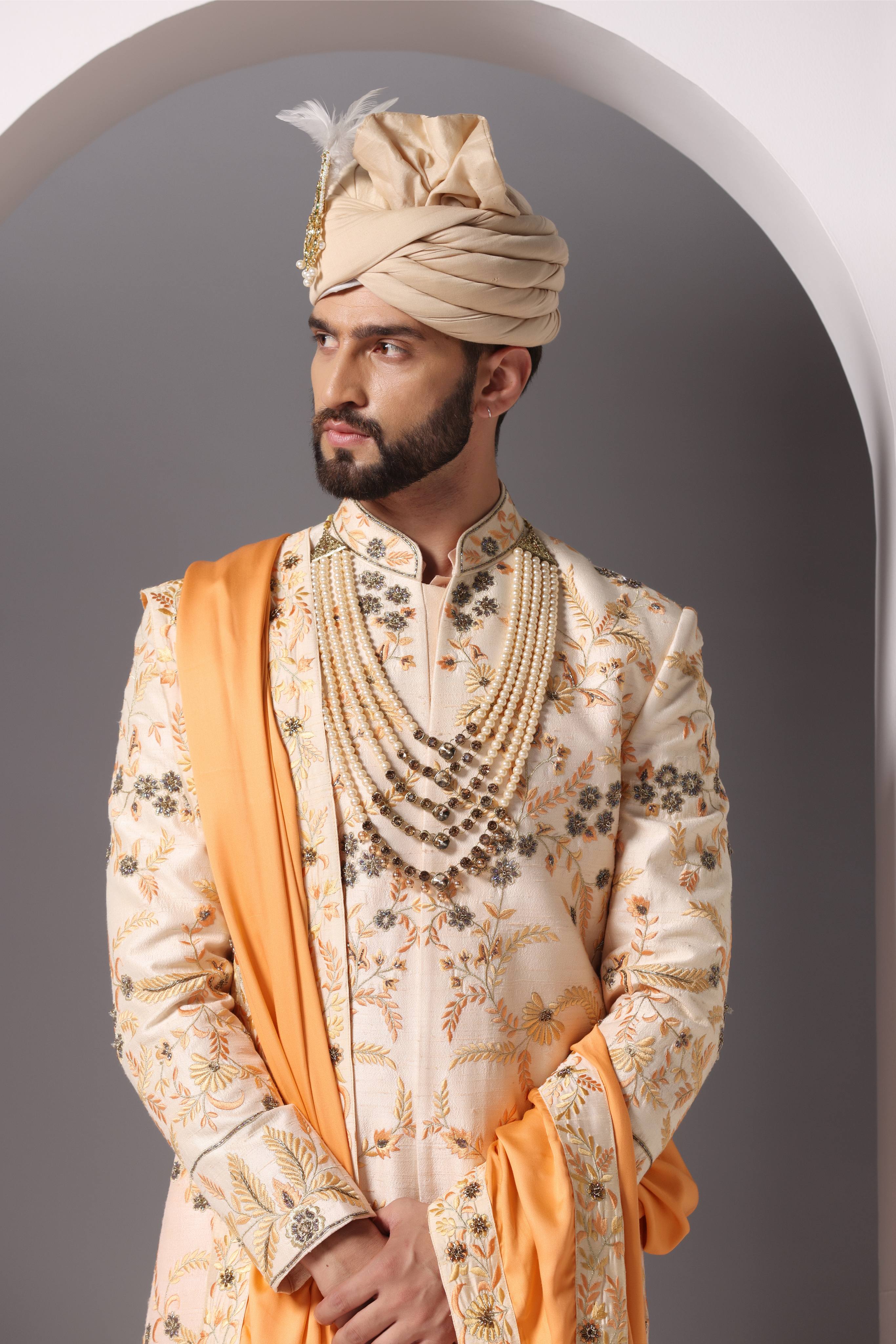 Ethereal Elegance: Peach Thread and Hand-Embroidered Sherwani Set