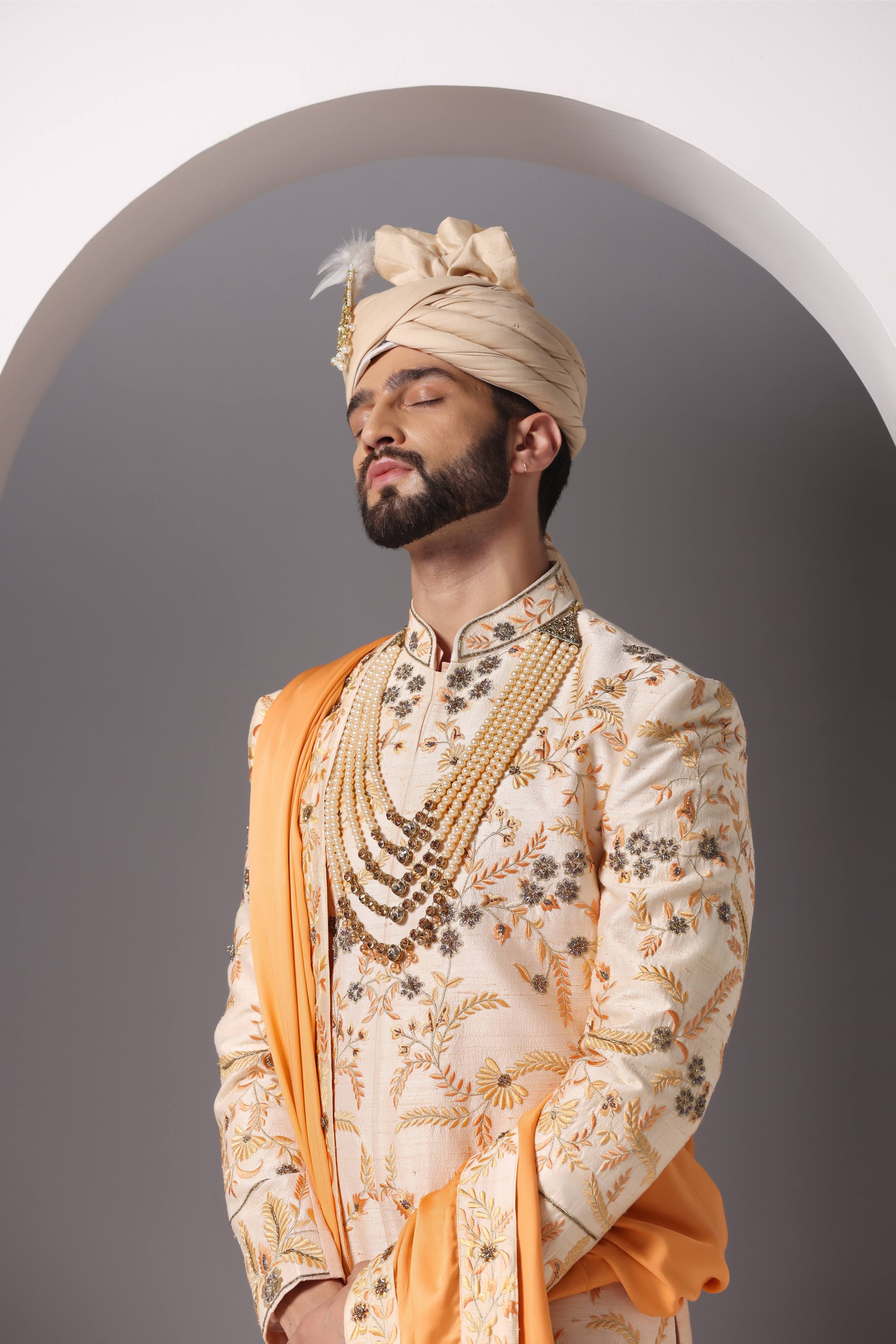 Ethereal Elegance: Peach Thread and Hand-Embroidered Sherwani Set