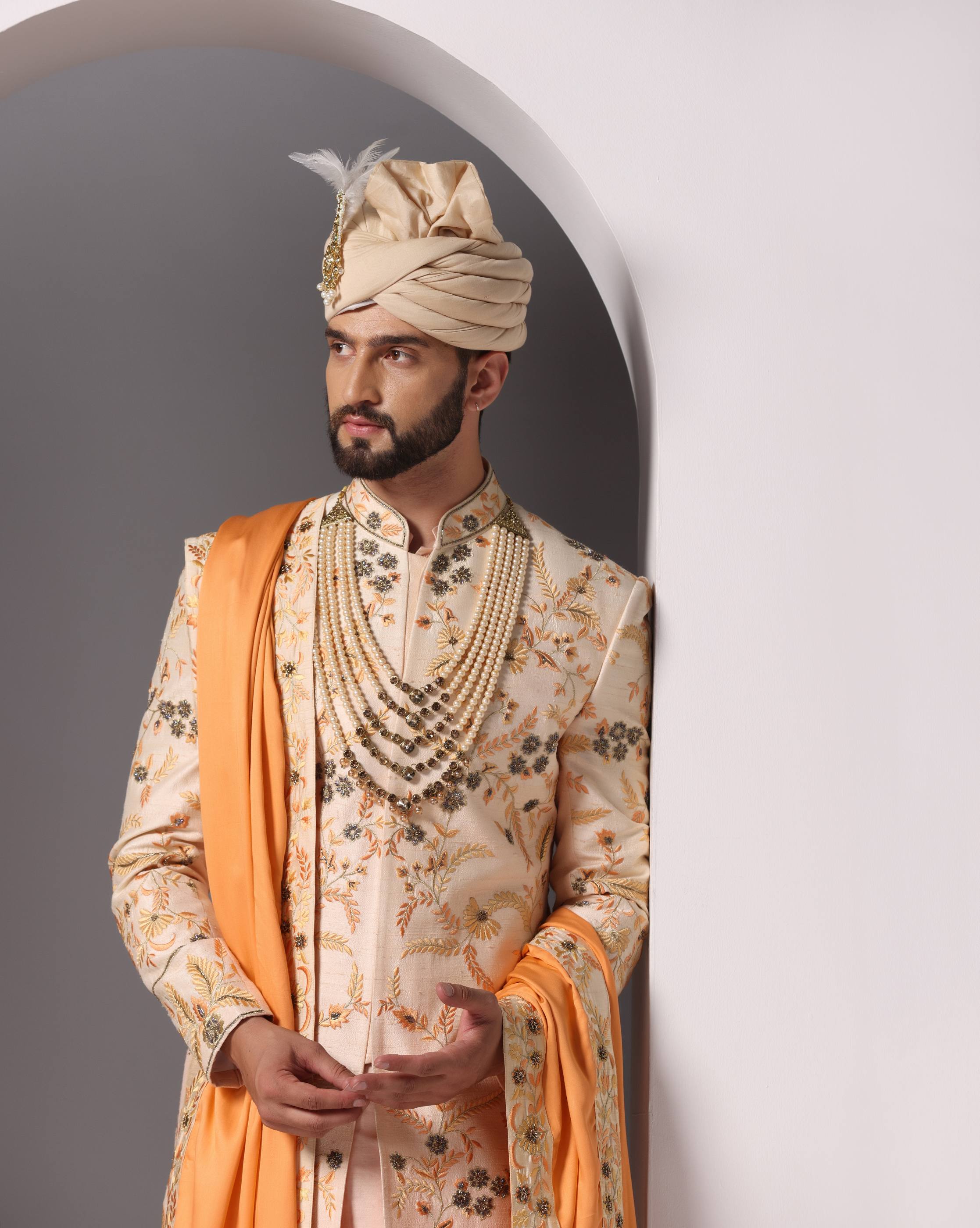 Ethereal Elegance: Peach Thread and Hand-Embroidered Sherwani Set