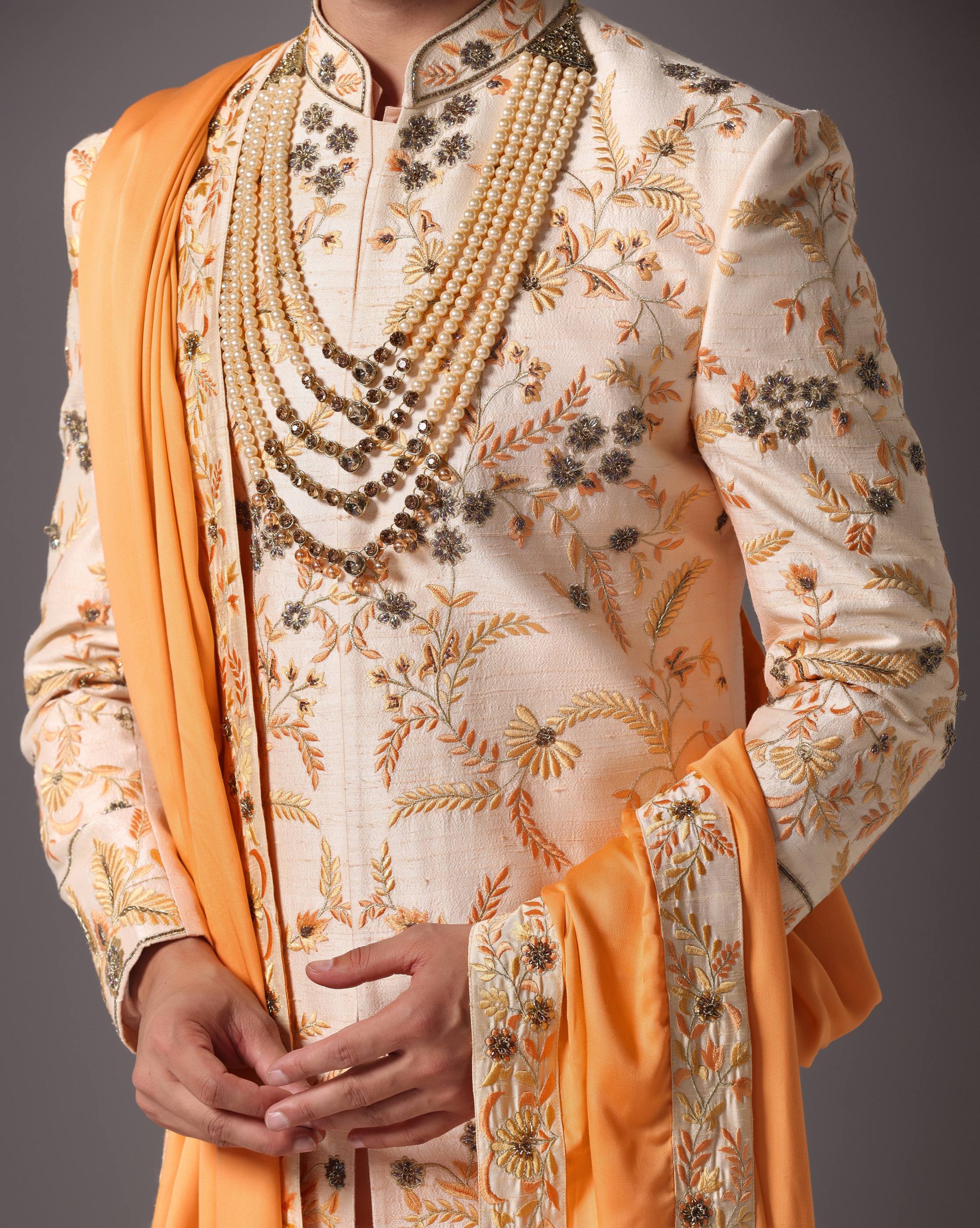 Ethereal Elegance: Peach Thread and Hand-Embroidered Sherwani Set