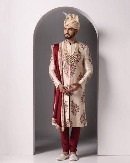Peach blossom thread embroidery sherwani set for groom | Bhavya Bhasin Couture