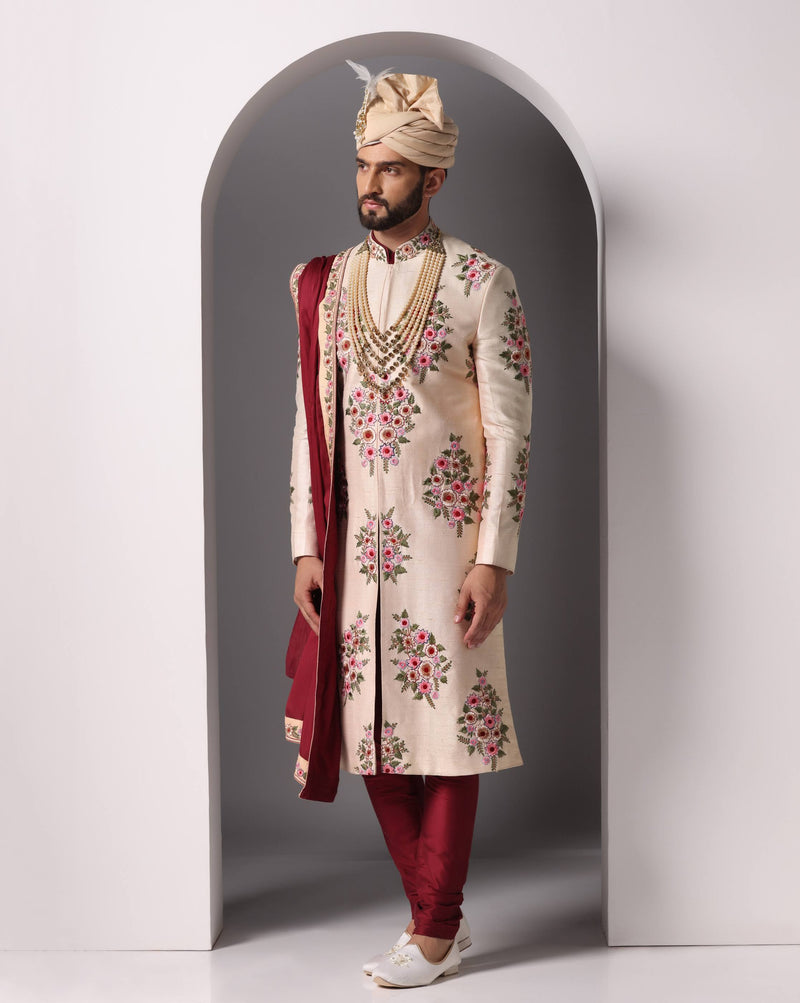 Peach Blossom Thread Embroidery Sherwani Set