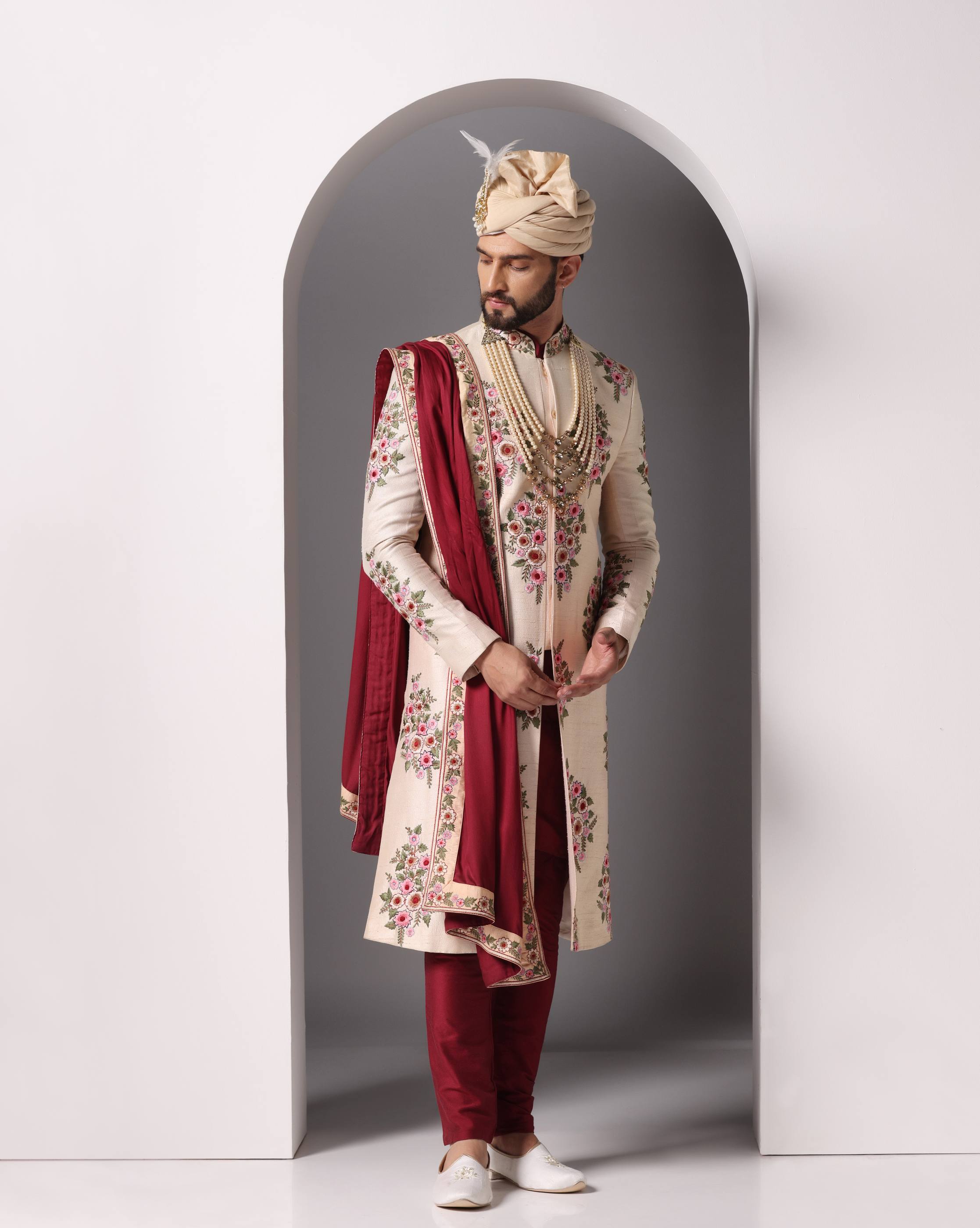 Peach Blossom Thread Embroidery Sherwani Set