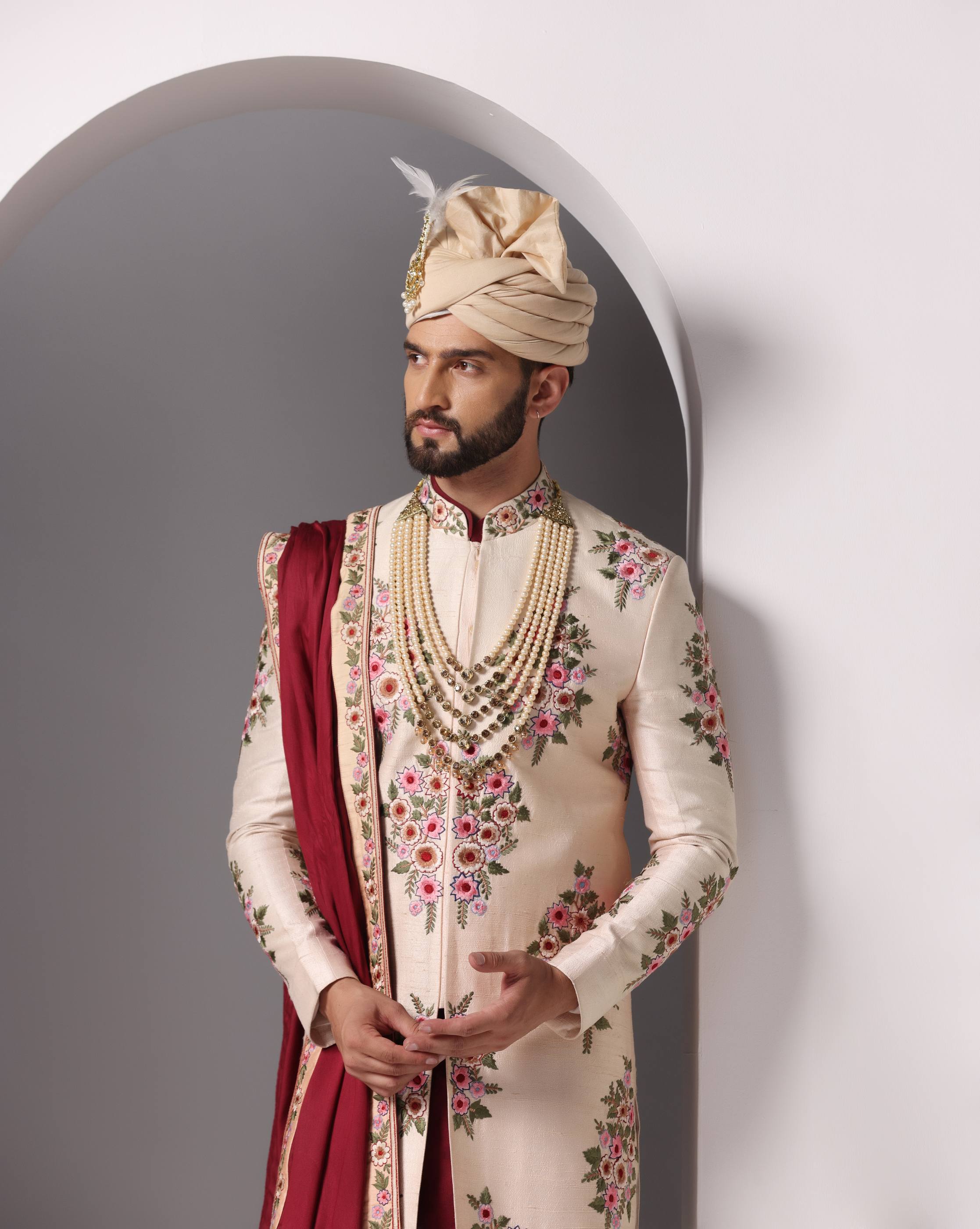 Peach Blossom Thread Embroidery Sherwani Set