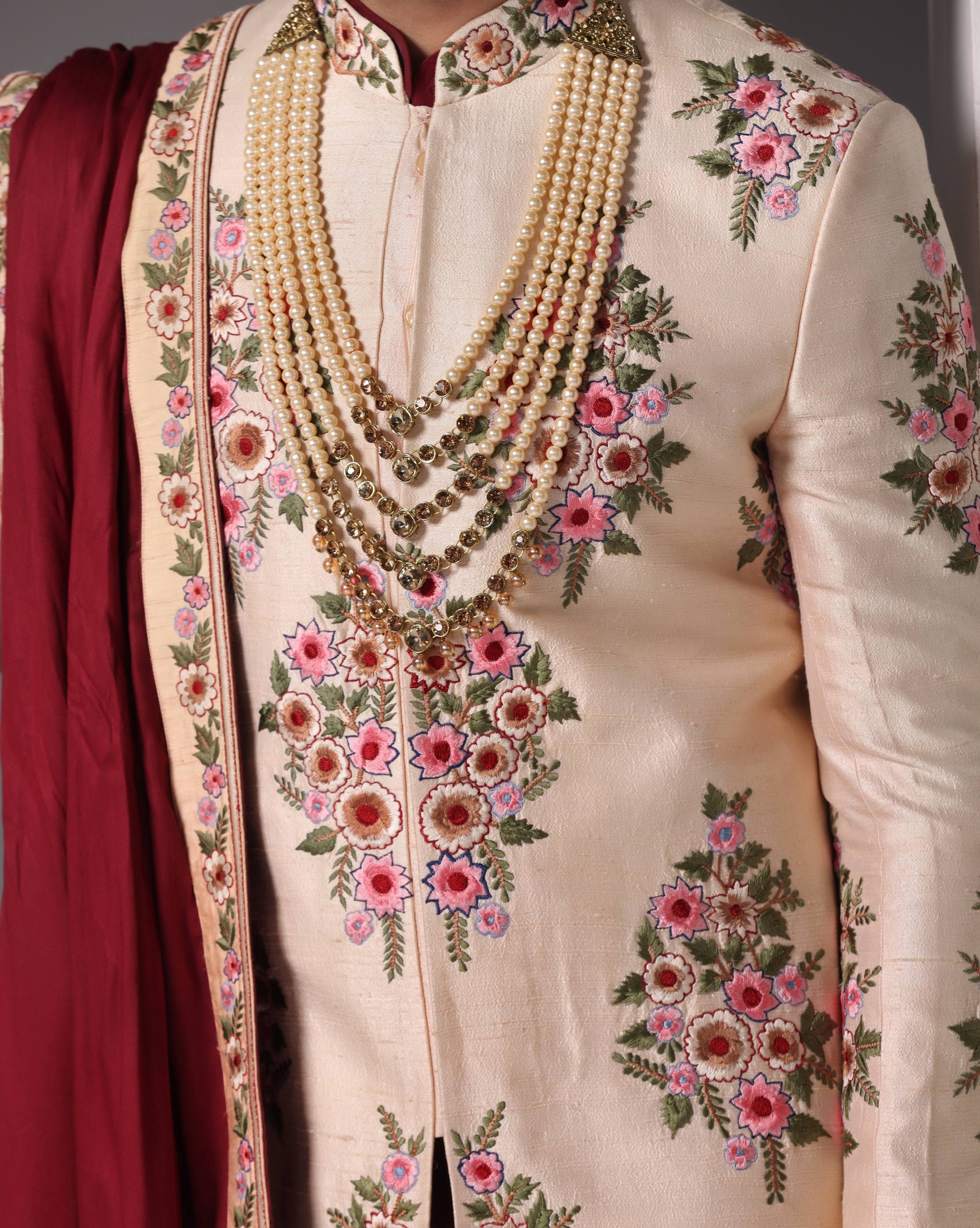 Peach Blossom Thread Embroidery Sherwani Set