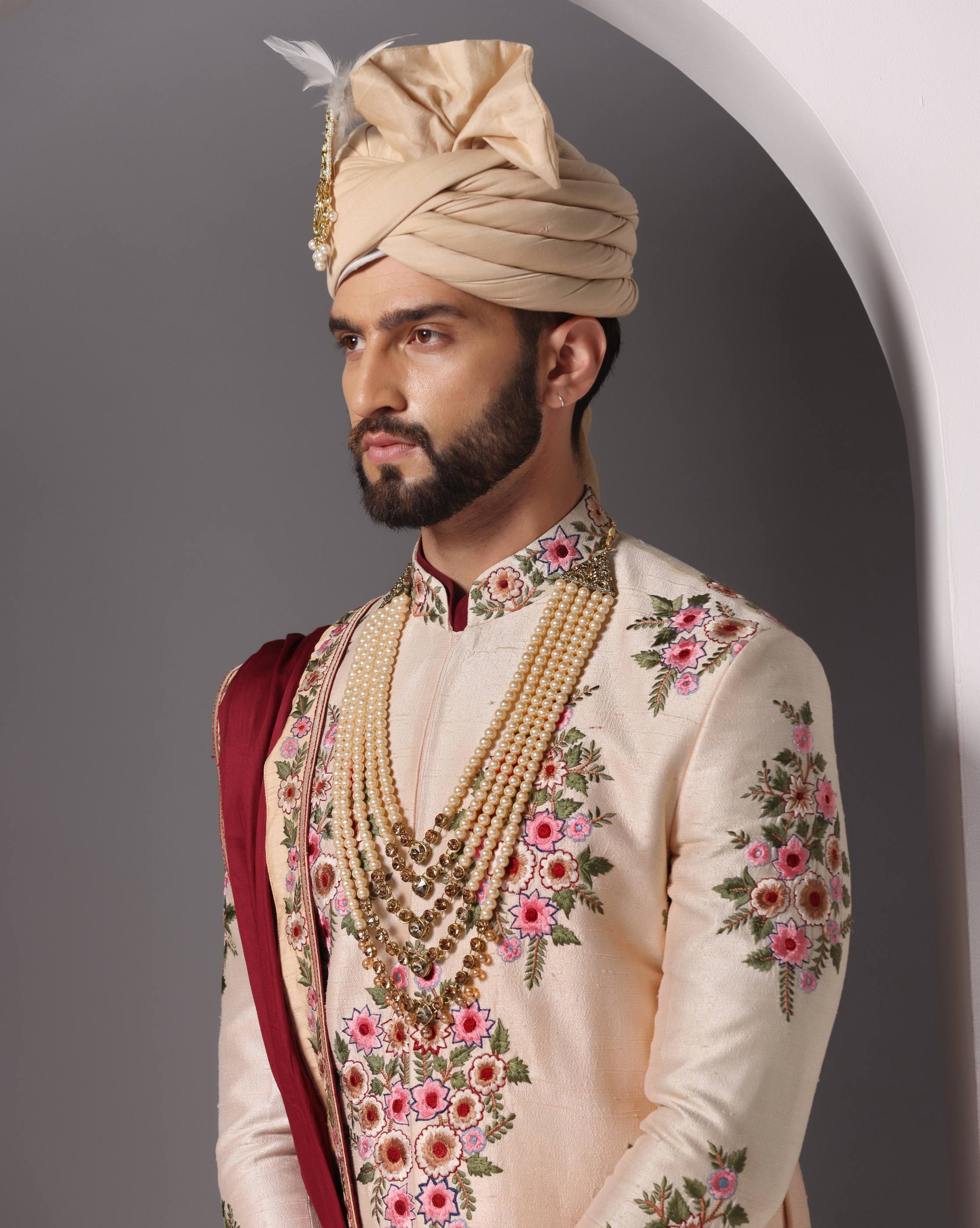 Peach Blossom Thread Embroidery Sherwani Set