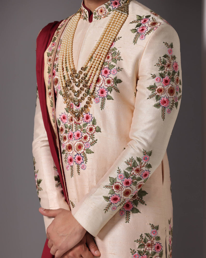 Peach Blossom Thread Embroidery Sherwani Set