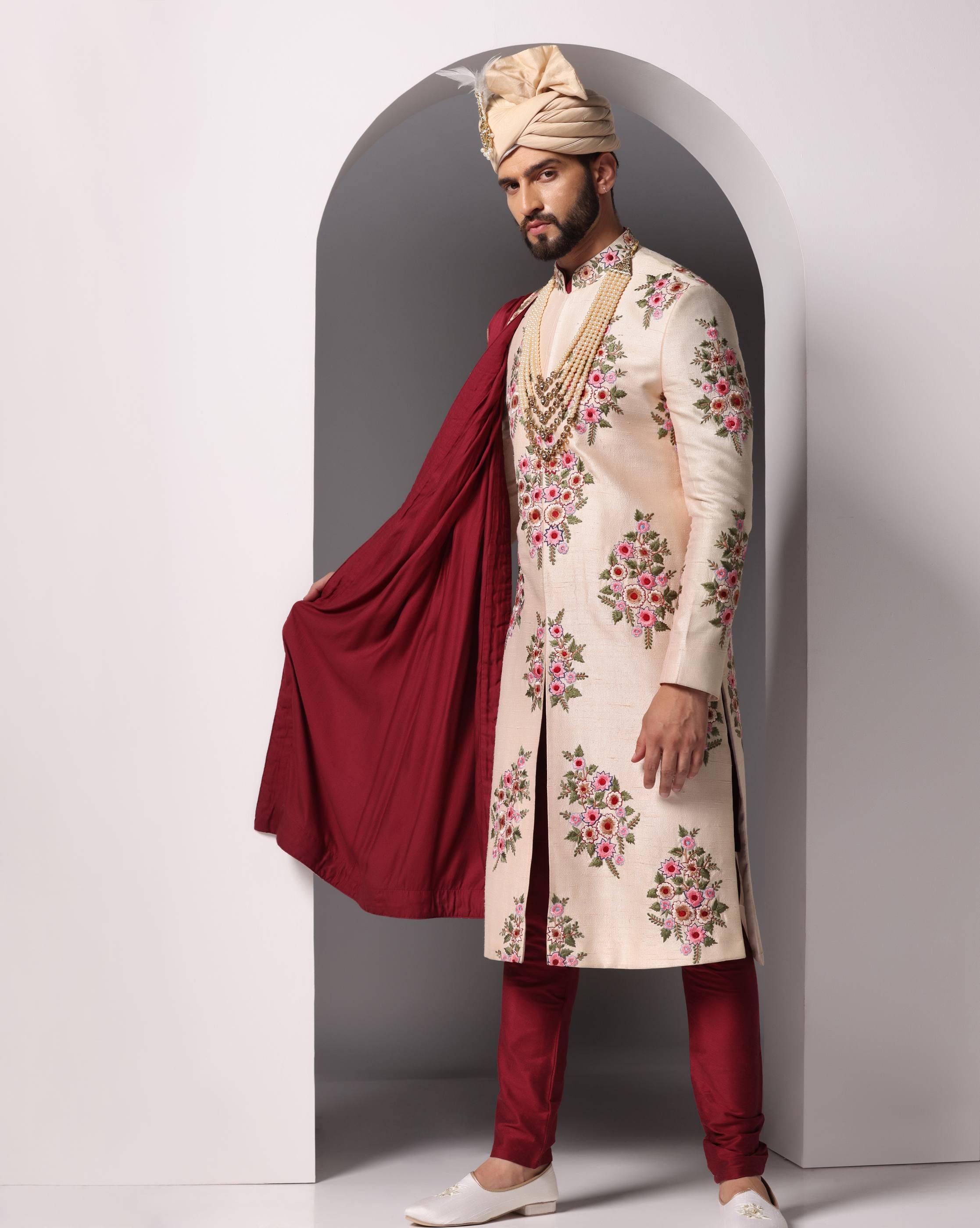 Peach Blossom Thread Embroidery Sherwani Set