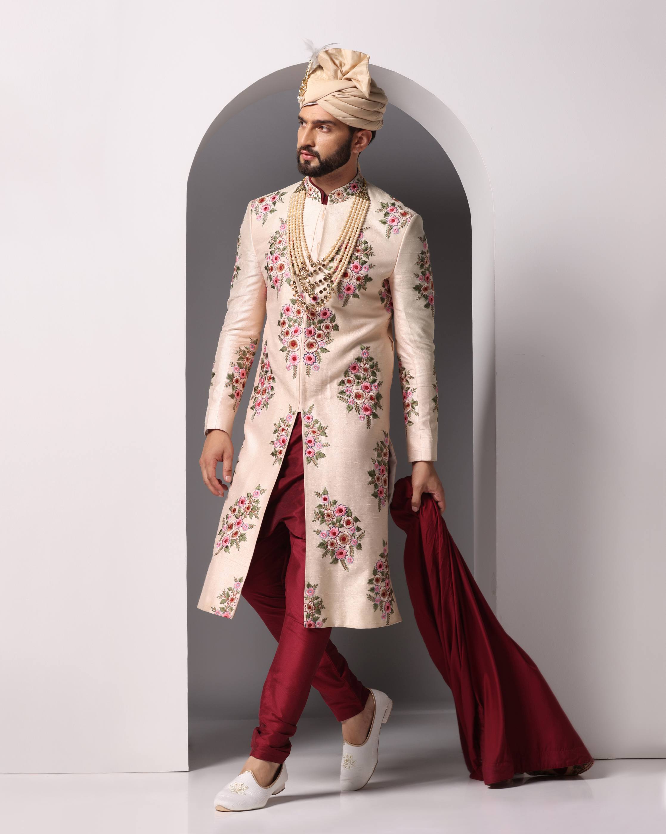 Peach Blossom Thread Embroidery Sherwani Set