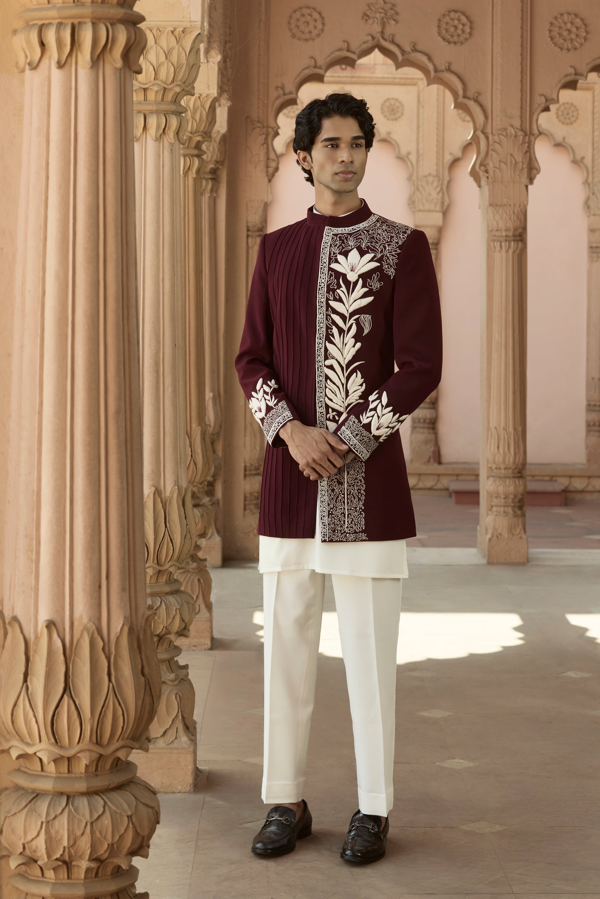 Raas Gati Rekha maroon Indo-Western wedding | Bhavya Bhasin Couture