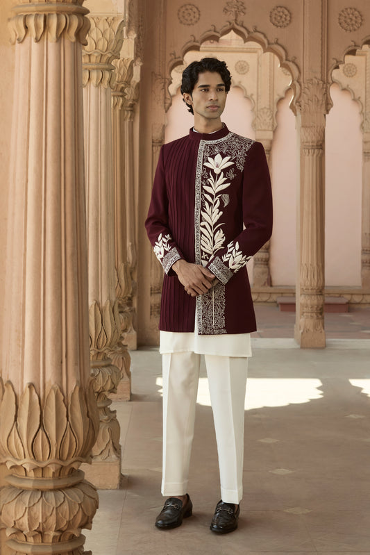 Raas Gati Rekha maroon Indo-Western wedding | Bhavya Bhasin Couture