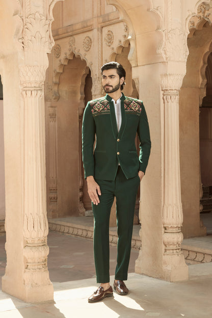 Raas Hari Rang Manthan green bandhgala Indian wedding | Bhavya Bhasin Couture
