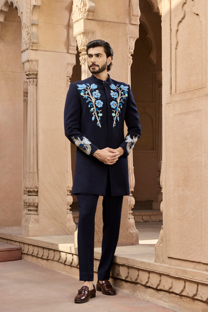 Raas Indra Pushp navy 3D Indo-Western | Bhavya Bhasin Couture