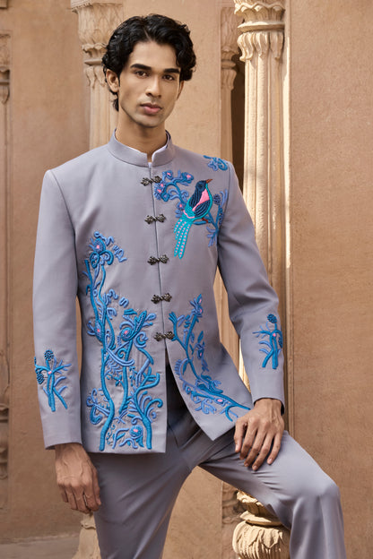 Raas Gulabi Morh Leher grey bandhgala Indian formal | Bhavya Bhasin Couture