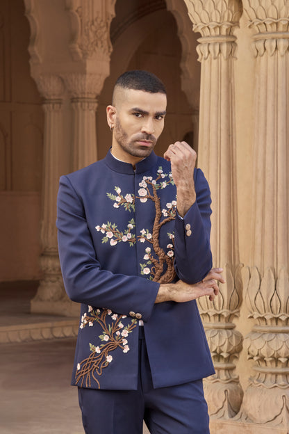Raas Vruksh Leher navy blossom bandhgala Indian wedding | Bhavya Bhasin Couture