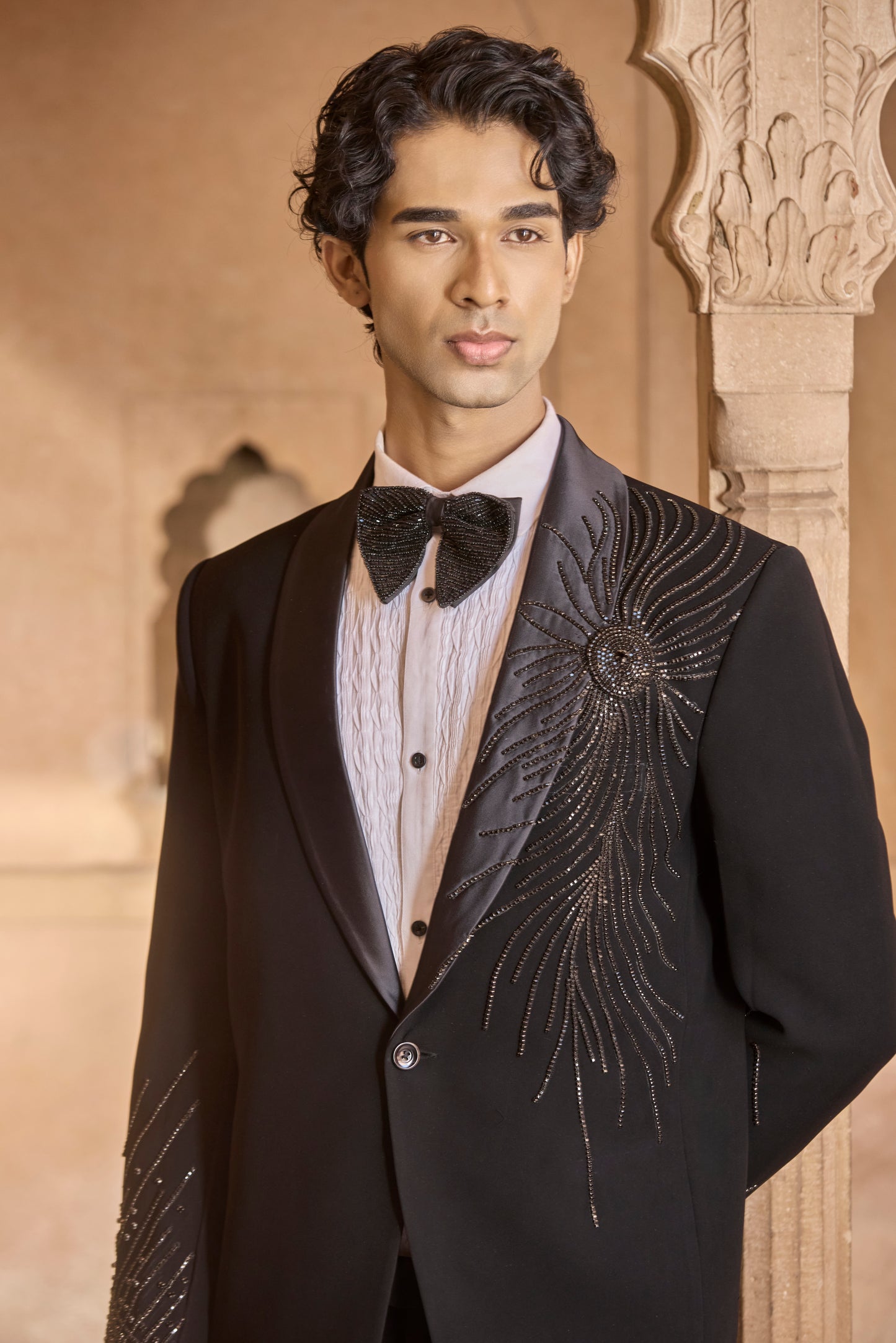Raas Ratri Chakra black 3D tuxedo | Bhavya Bhasin Couture