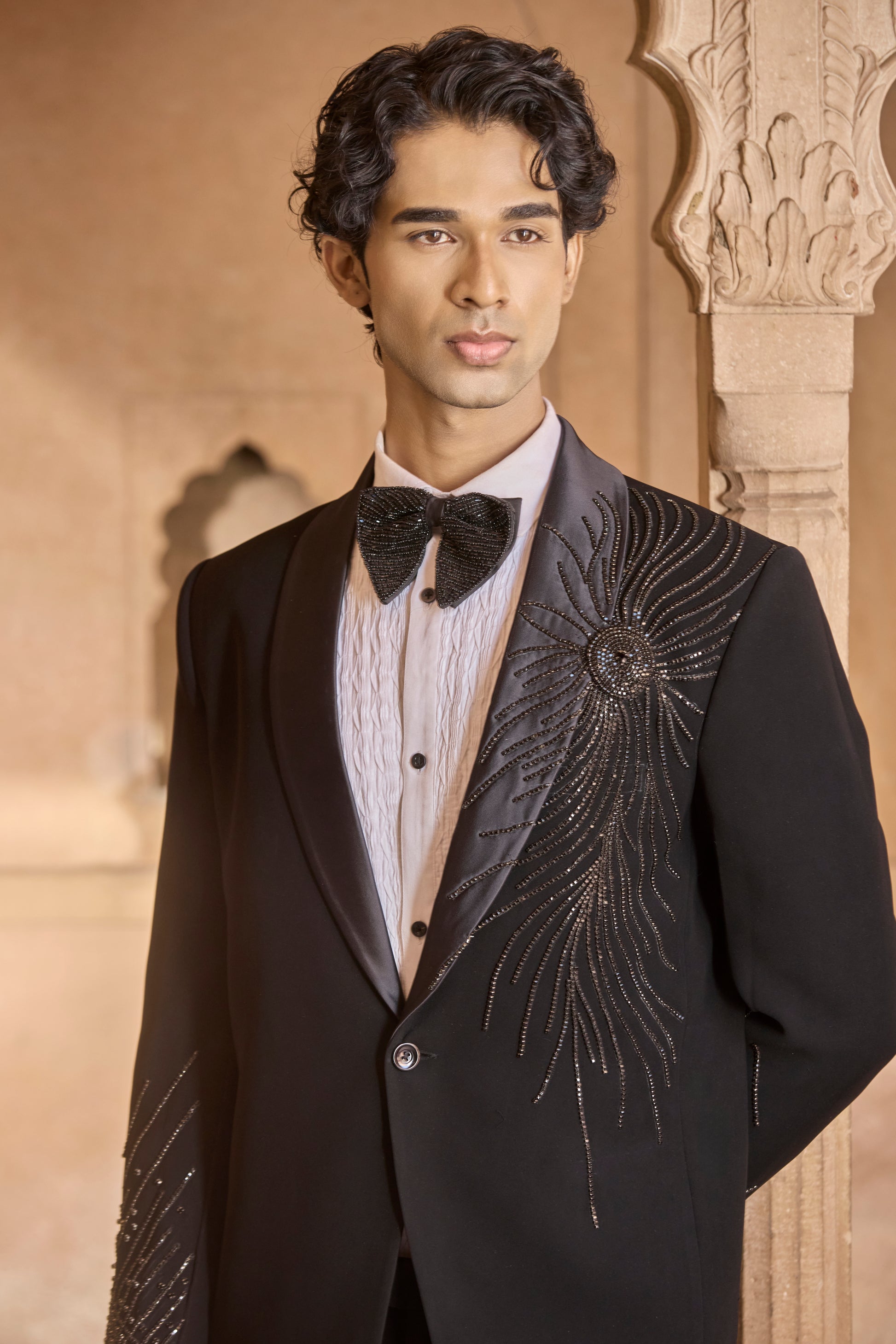 Raas Ratri Chakra black 3D tuxedo | Bhavya Bhasin Couture