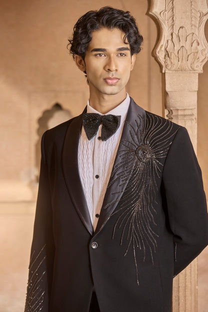 Raas Ratri Chakra black 3D tuxedo | Bhavya Bhasin Couture