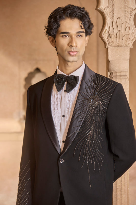 Raas Ratri Chakra black 3D tuxedo | Bhavya Bhasin Couture