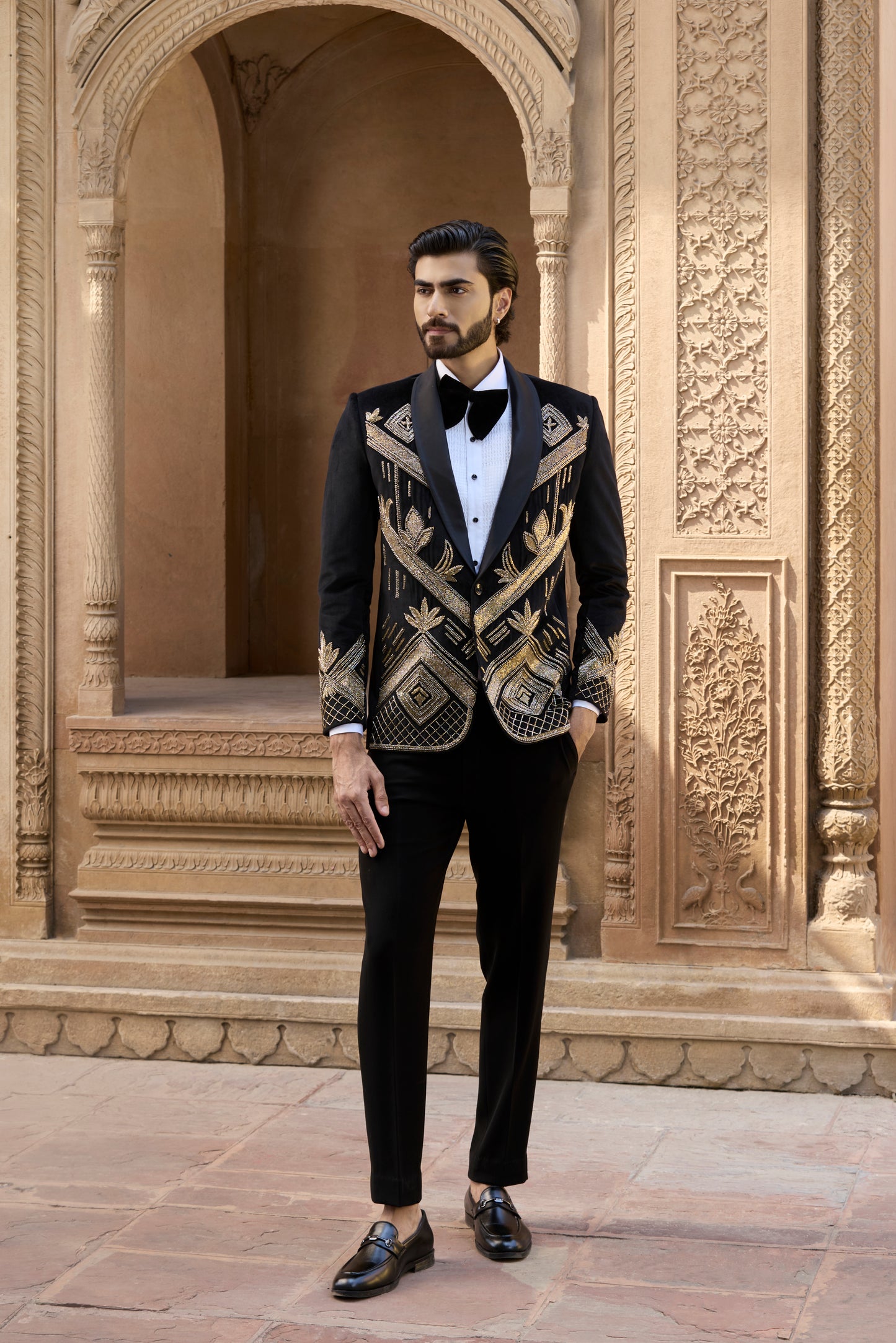 Raas Raj Natraj black velvet tuxedo | Bhavya Bhasin Couture