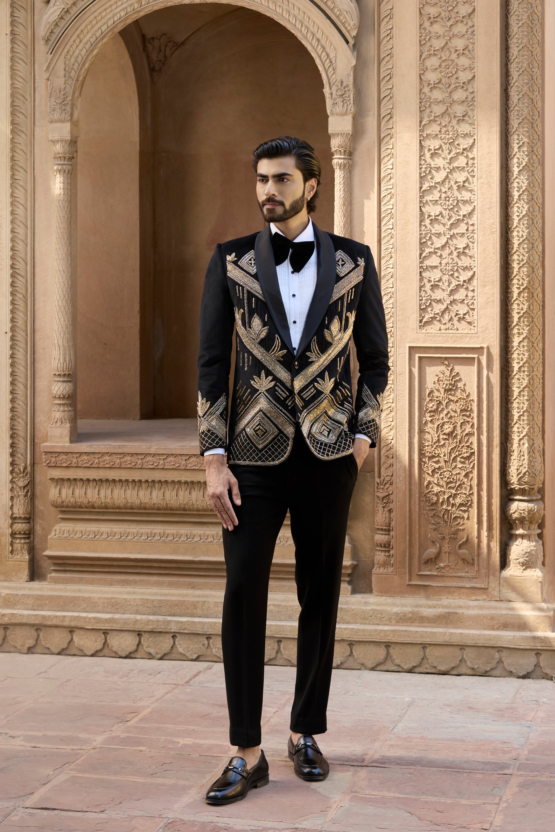 Raas Raj Natraj black velvet tuxedo | Bhavya Bhasin Couture