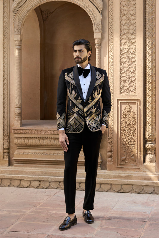 Raas Raj Natraj black velvet tuxedo | Bhavya Bhasin Couture