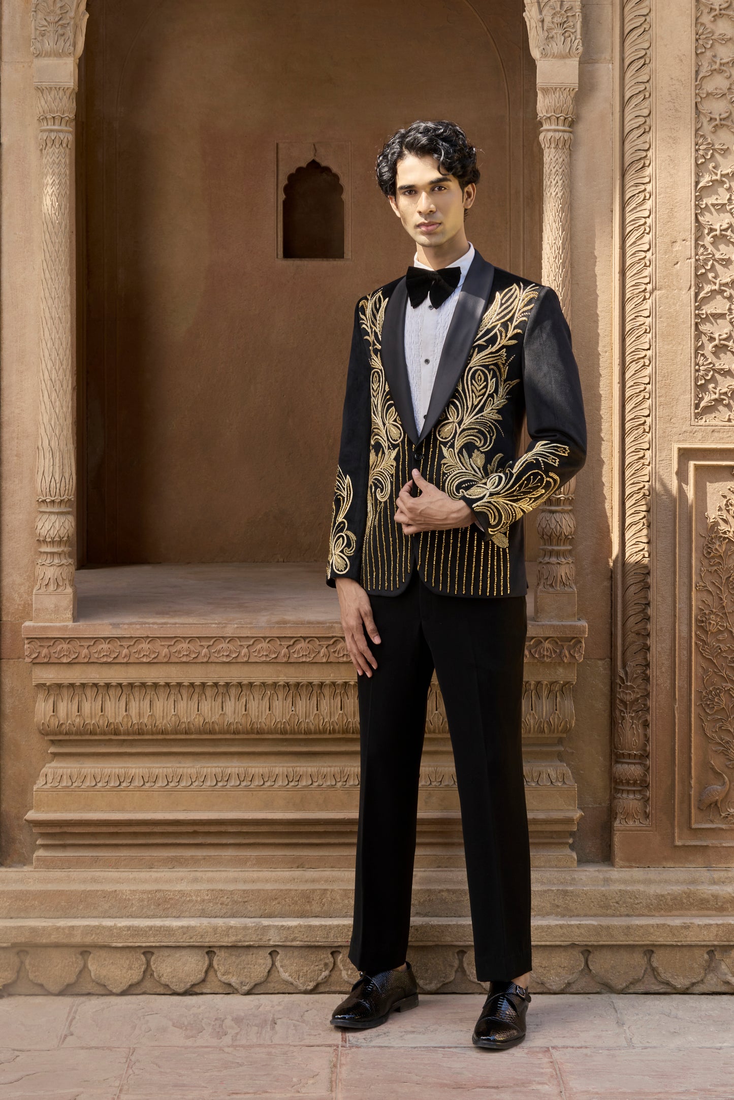 Raas Kanak Udaan gold tuxedo luxury black tie | Bhavya Bhasin Couture