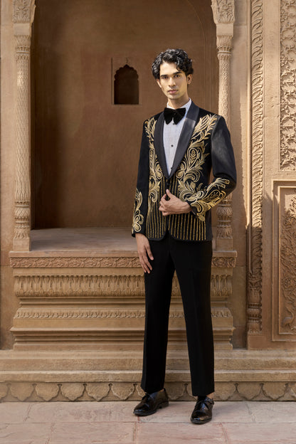Raas Kanak Udaan gold tuxedo luxury black tie | Bhavya Bhasin Couture
