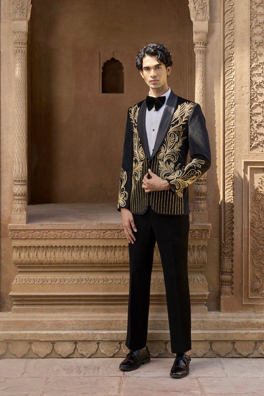 Raas Kanak Udaan gold tuxedo luxury black tie | Bhavya Bhasin Couture