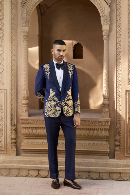 Raas Neel Kanak Veer blue velvet tuxedo | Bhavya Bhasin Couture