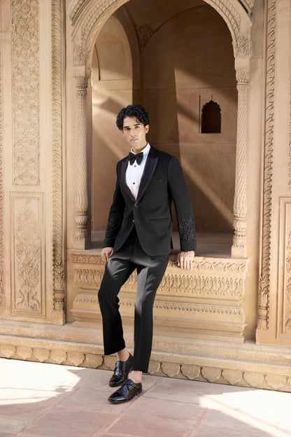 Raas Shyam Kala noir beaded cuff tuxedo | Bhavya Bhasin Couture