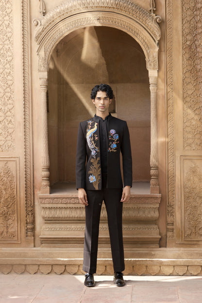 Raas Mayur Saaz black open bandhgala Indian formal | Bhavya Bhasin Couture