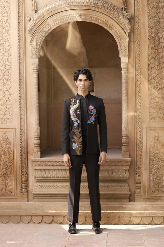 Raas Mayur Saaz black open bandhgala Indian formal | Bhavya Bhasin Couture